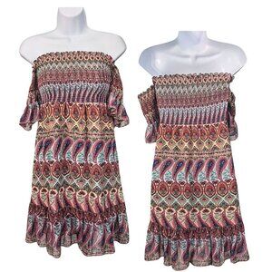 ATINA CRISTINA Boho Off Shoulder Paisley Lined Flounce Mini Sundress Size S